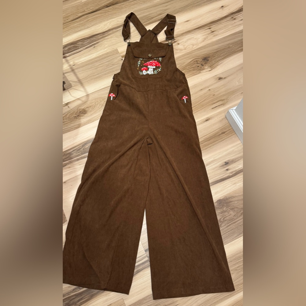 Vintage Brown Mushroom Hand Embroidered Corduroy Flare wide leg bib overalls Med